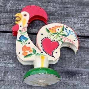 Vintage Hand Painted Wooden Rooster Chickens Portugal Folk Art